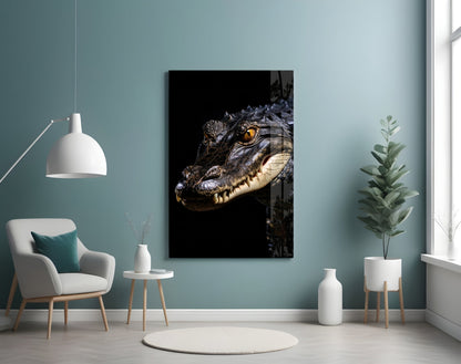 Crocodile head with golden eye on black background displayed as wall art in modern living room with teal walls and white furniture.