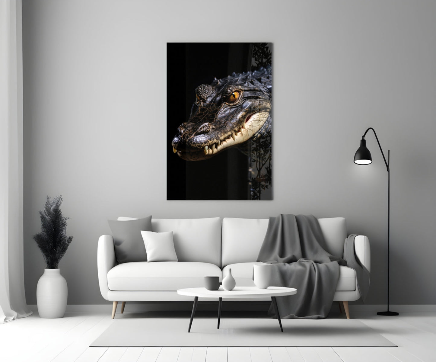 Crocodile head with golden eye and open mouth against black background, displayed above white sofa in modern living room.