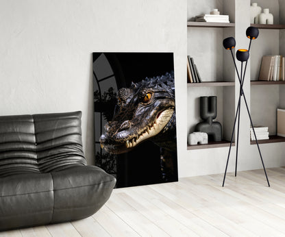 Modern living room interior showcasing crocodile eye glass wall art leaning against wall beside gray leather chair.