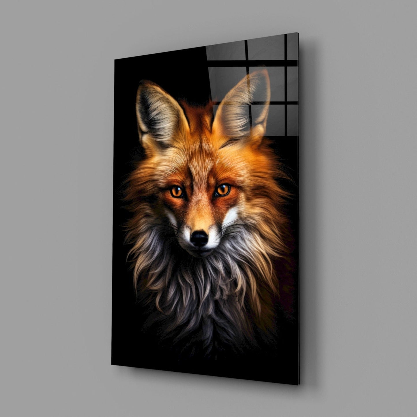 Glass wall art panel displaying a close-up fox portrait with amber eyes against black background, mounted on gray wall.