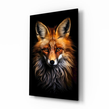 A fox's head portrait with amber eyes on black glass wall art, displayed at an angle against a white background.
