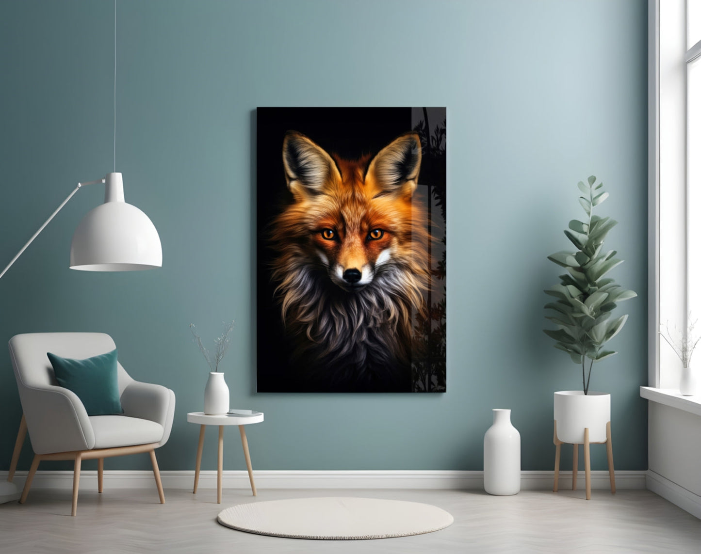 Glass wall art displaying a fox with glowing amber eyes against black background, hung in modern living room with teal walls.