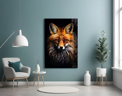 Glass wall art displaying a fox with glowing amber eyes against black background, hung in modern living room with teal walls.