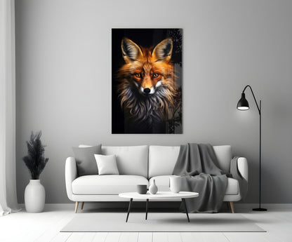 Glass wall art depicting a fox's face with orange and black fur against dark background, displayed above white sofa in modern living room.