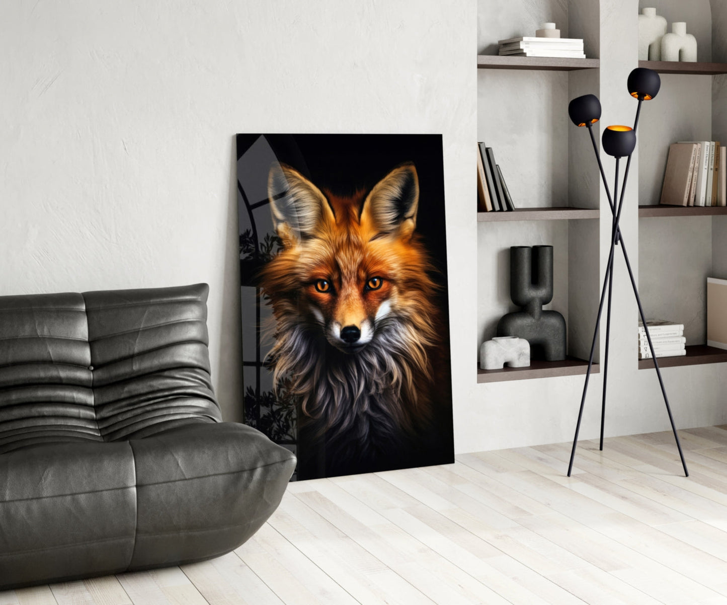 Glass wall art depicting a fox with golden eyes and orange fur against black background, displayed in modern living room with gray sofa and white shelving.