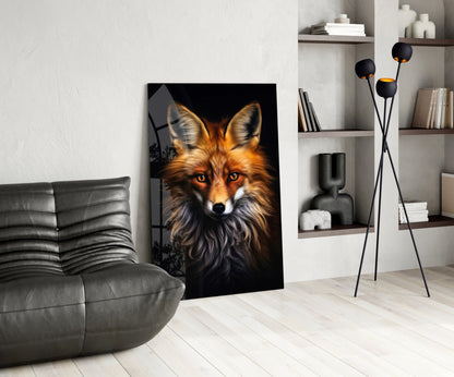 Glass wall art depicting a fox with golden eyes and orange fur against black background, displayed in modern living room with gray sofa and white shelving.