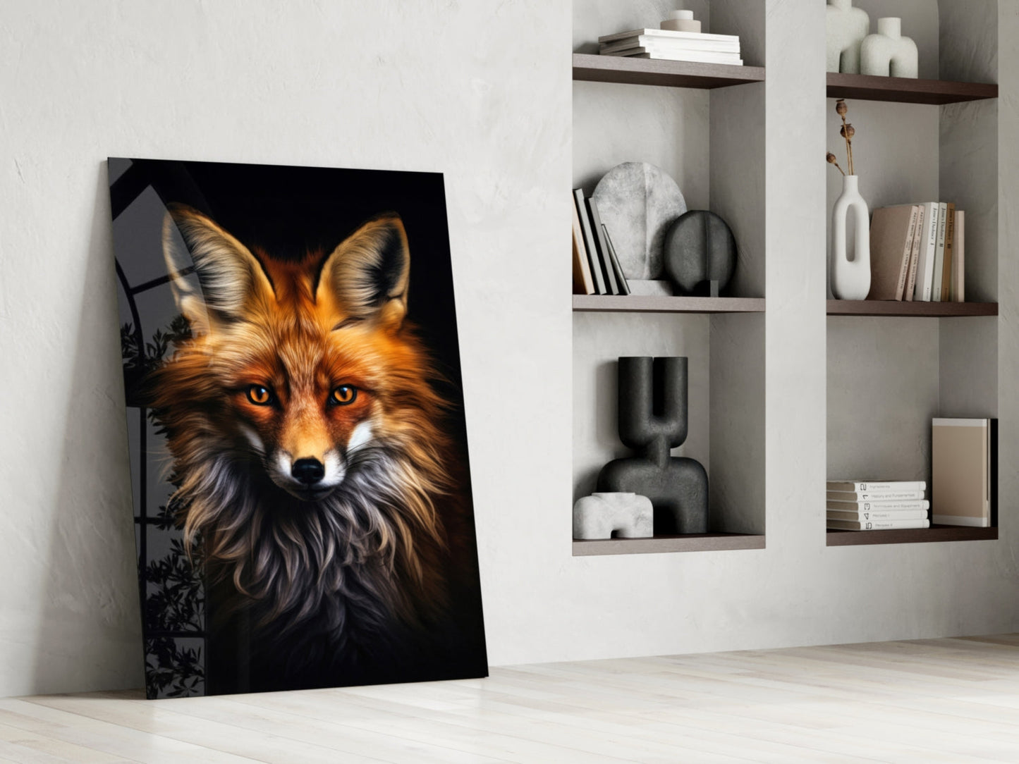 Fox glass wall art leaning against white wall beside shelving unit displaying books and decorative objects.
