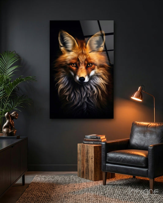 Framed fox portrait glass wall art displaying amber eyes and golden-brown fur hung in modern living room setting with leather chair and wooden side table.