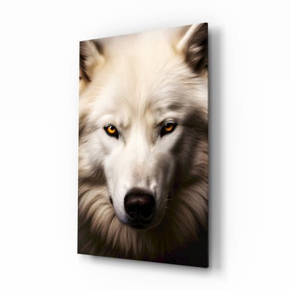 Close-up front-facing portrait of a white wolf with striking amber eyes and dark nose on glass wall art, displayed at an angle against white background.