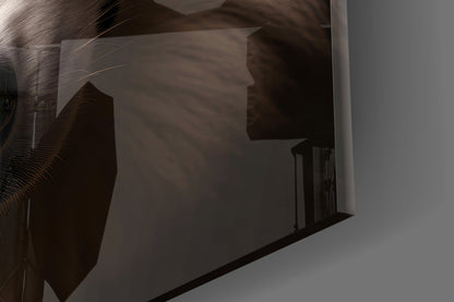 Silhouette of a wolf's profile visible through frosted glass panel against white wall, side angle view.