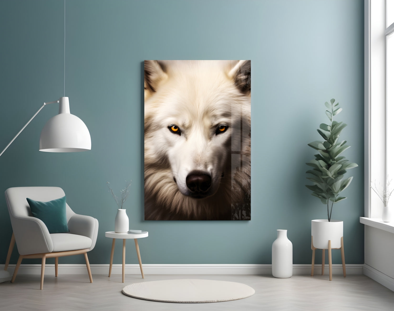 White wolf portrait with amber eyes displayed as glass wall art in modern teal room setting with furniture and plants.