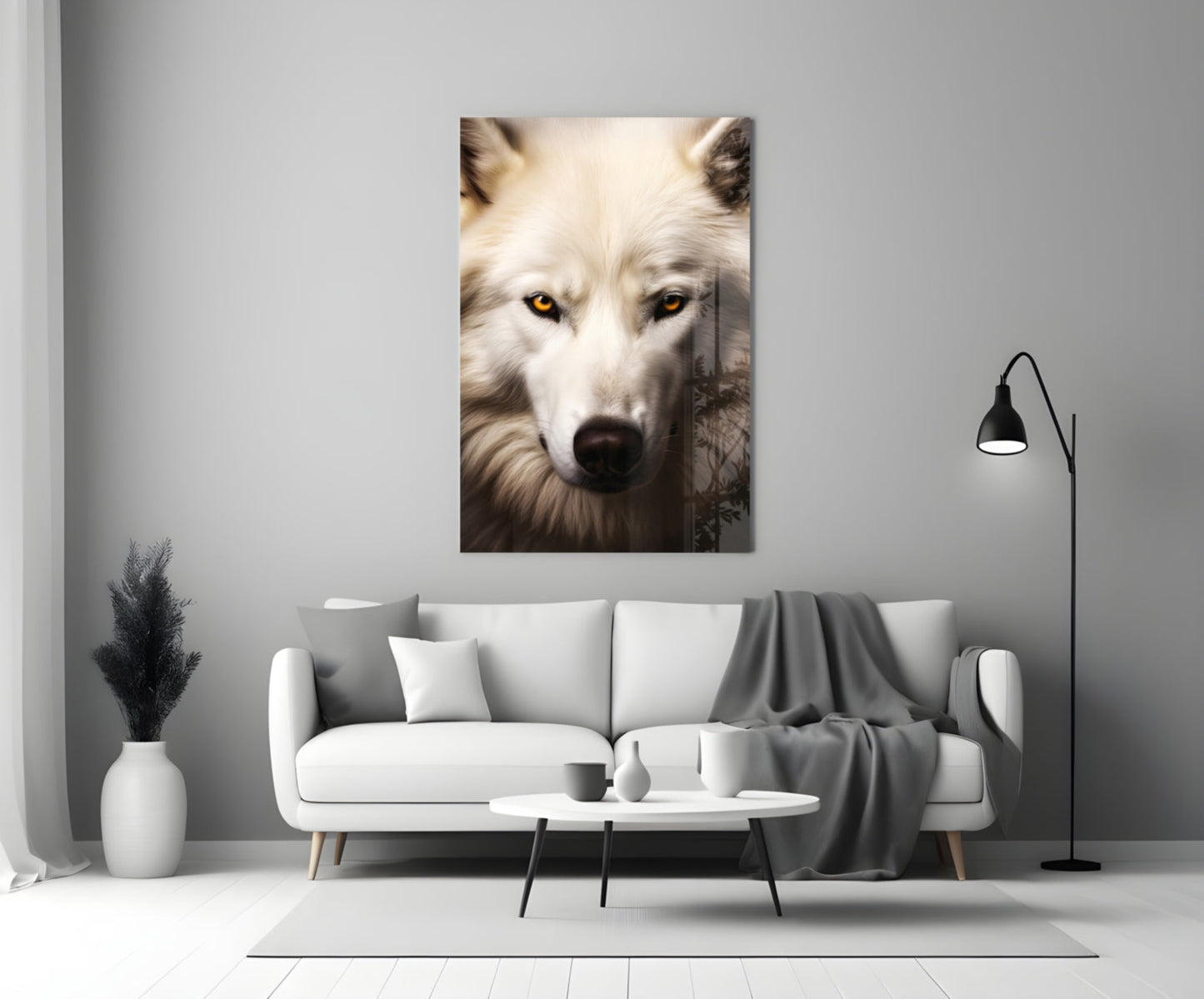 White wolf portrait with striking amber eyes displayed as glass wall art above a contemporary living room sofa.