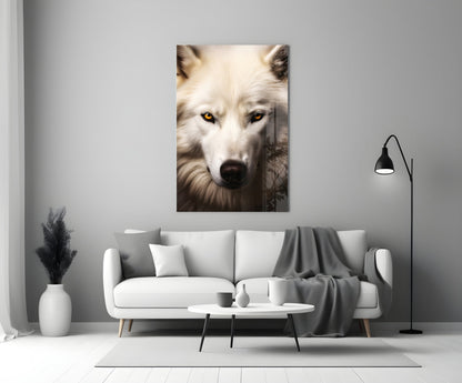 White wolf portrait with striking amber eyes displayed as glass wall art above a contemporary living room sofa.