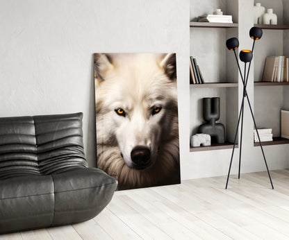 White wolf portrait with golden eyes displayed as glass wall art in modern living room with gray leather chair and shelving.