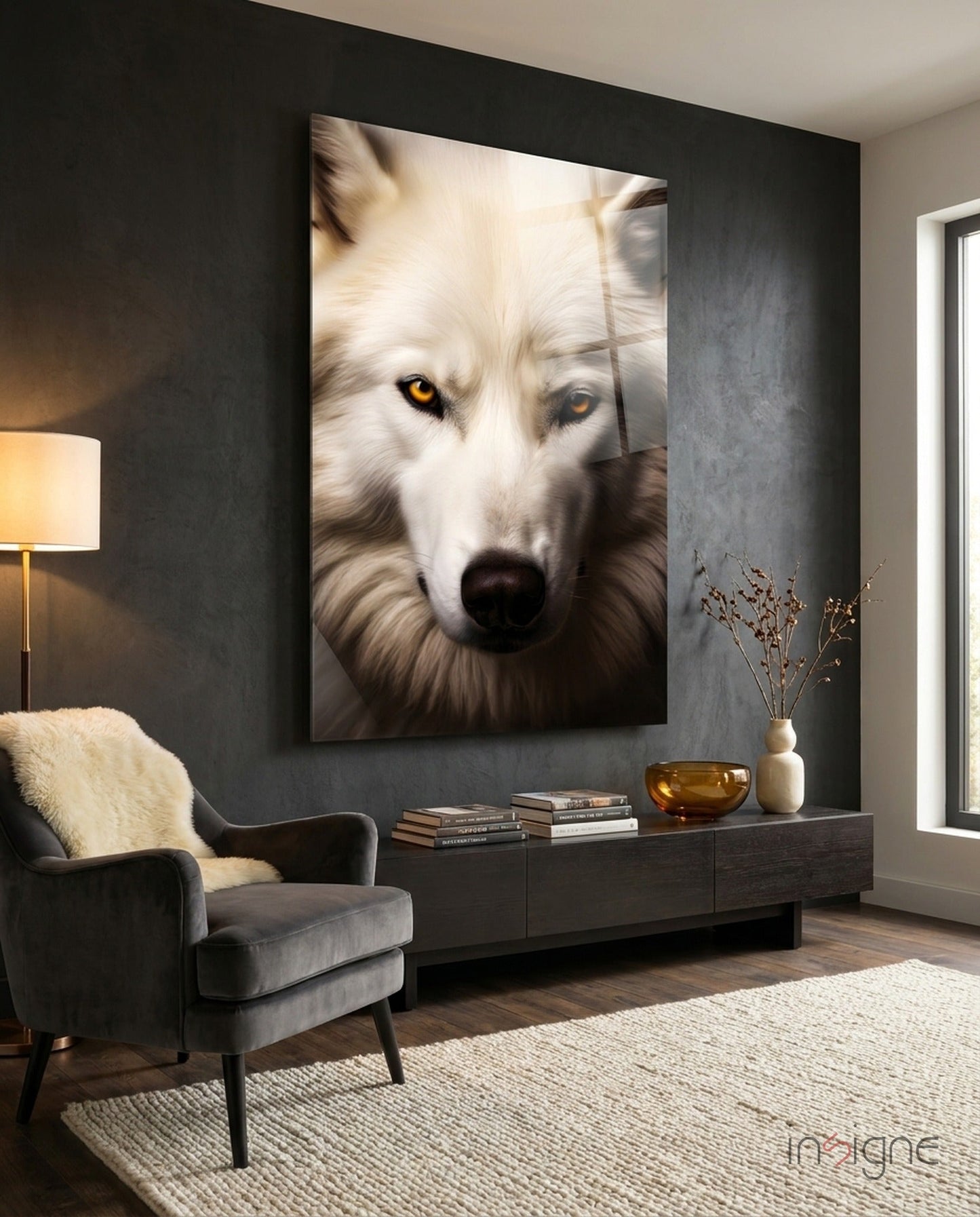 Large framed glass wall art depicting a white wolf with golden eyes displayed above a dark console table in a modern living room setting.