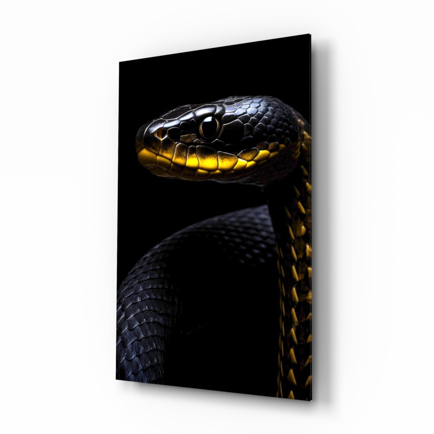 Black and yellow viper with detailed scales shown in profile against dark background on glass wall art panel.