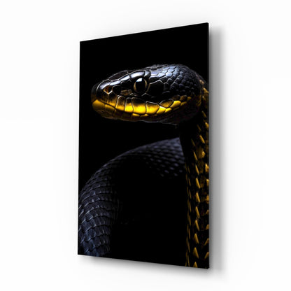 Black and yellow viper with detailed scales shown in profile against dark background on glass wall art panel.