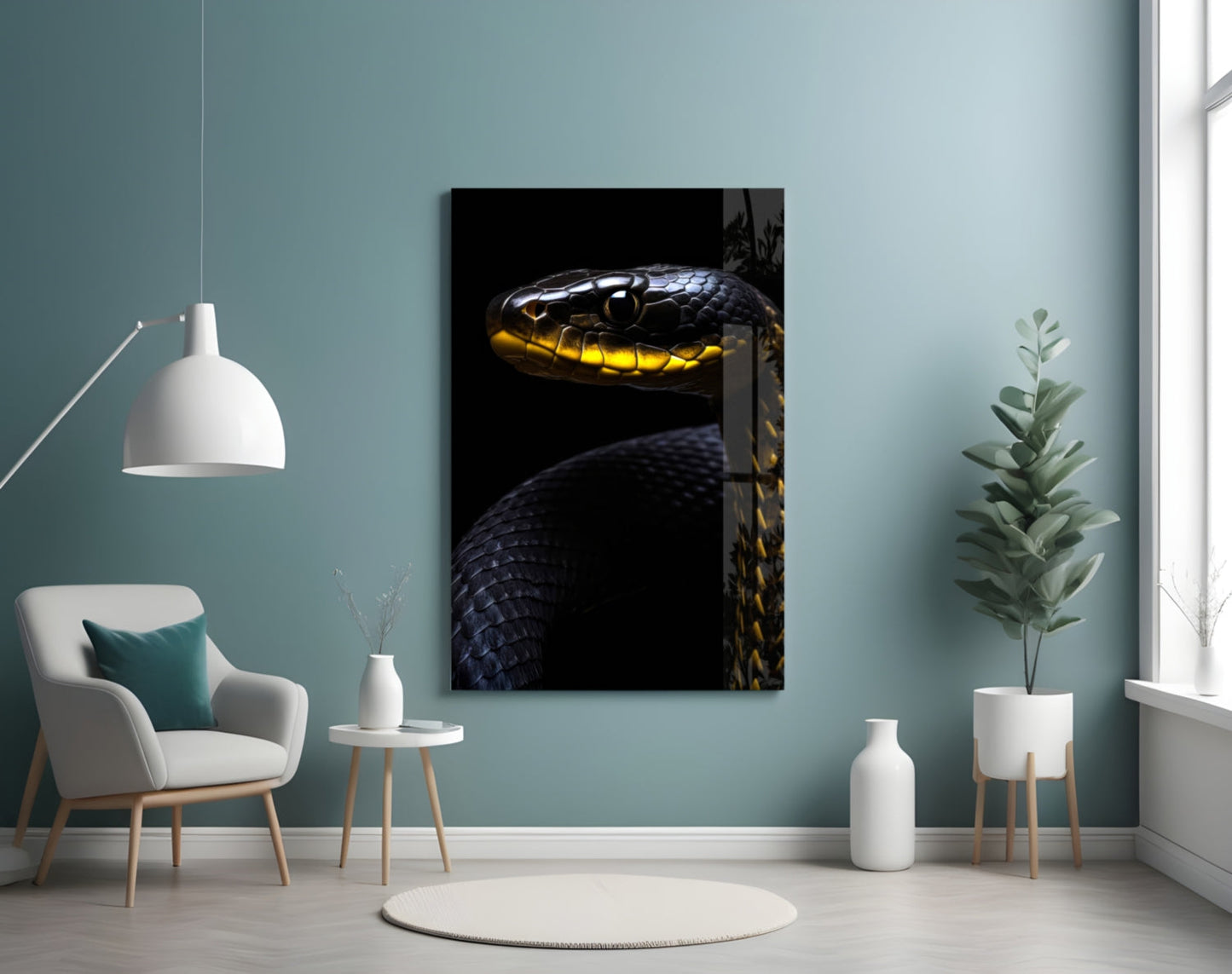Black and yellow viper glass wall art displayed in a modern living room with turquoise walls and minimalist furnishings.