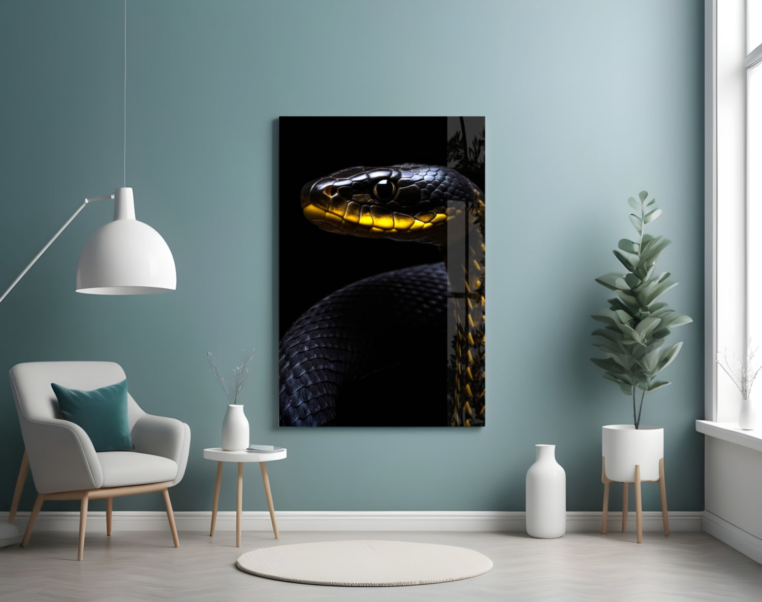 Black and yellow viper glass wall art displayed in a modern living room with turquoise walls and minimalist furnishings.