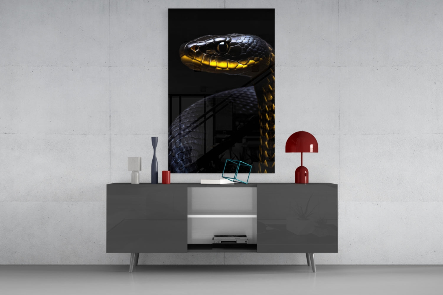 Black and yellow snake head glass art displayed above gray media console in modern interior styling.