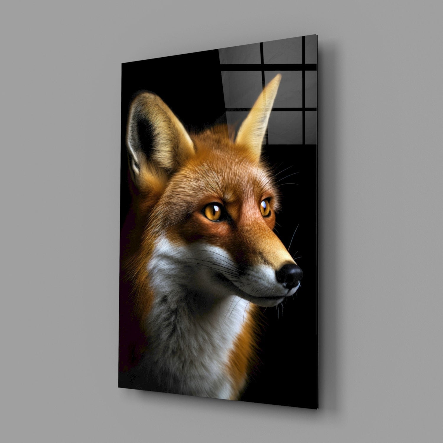 Glass wall art panel displaying a detailed portrait of a fox with amber eyes and white chest markings against a black background, mounted at an angle.