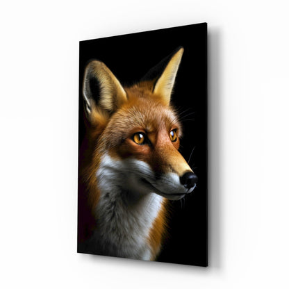 Fox portrait with amber eyes and white chest markings on black background mounted as glass wall art panel.