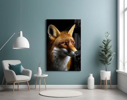 Glass wall art depicting a fox with golden eyes and reddish-brown fur against black background, displayed in modern blue interior with white furniture.