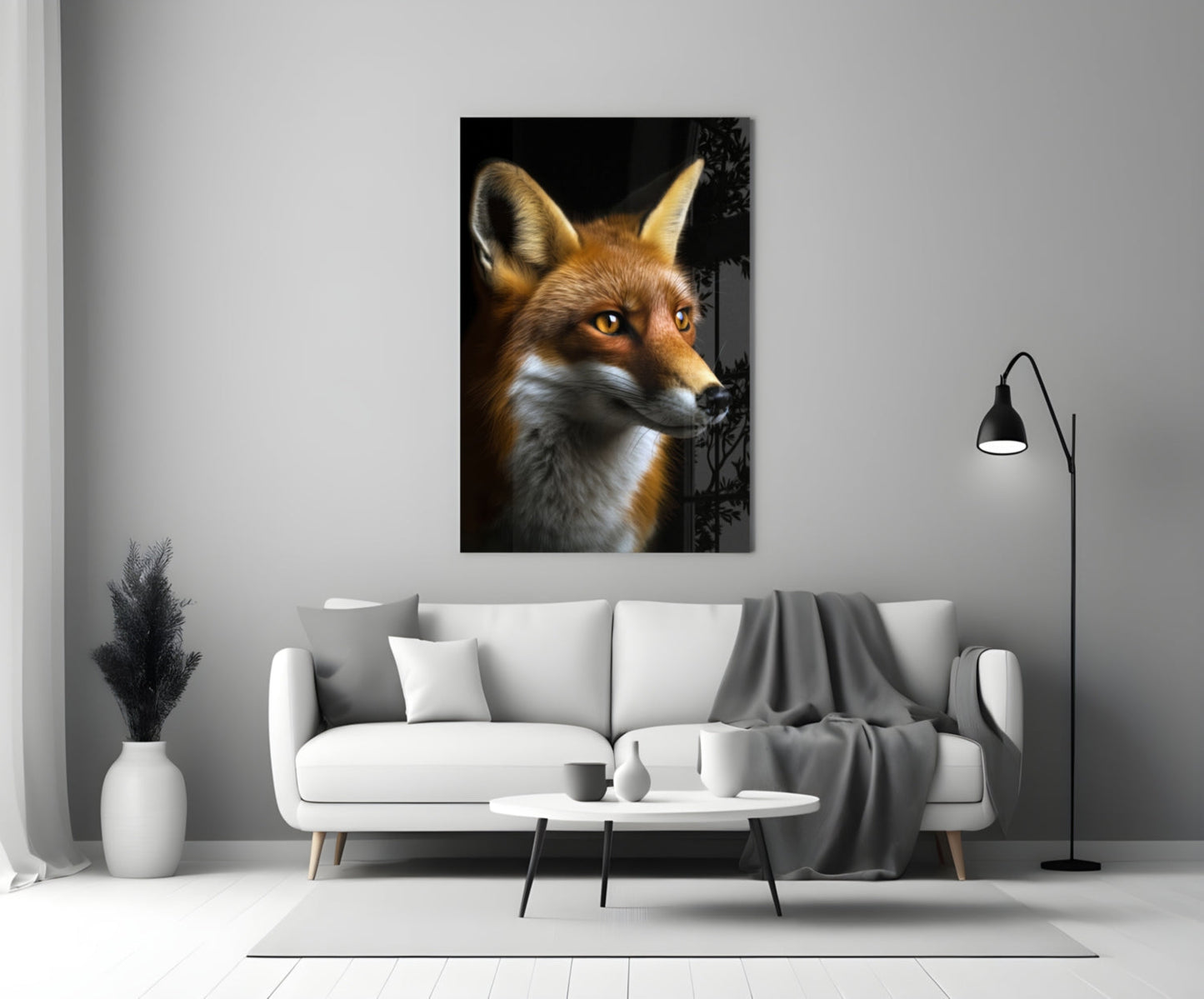 A framed glass wall art of a fox's head with golden eyes against a black background, displayed above a white sofa in a minimalist living room.
