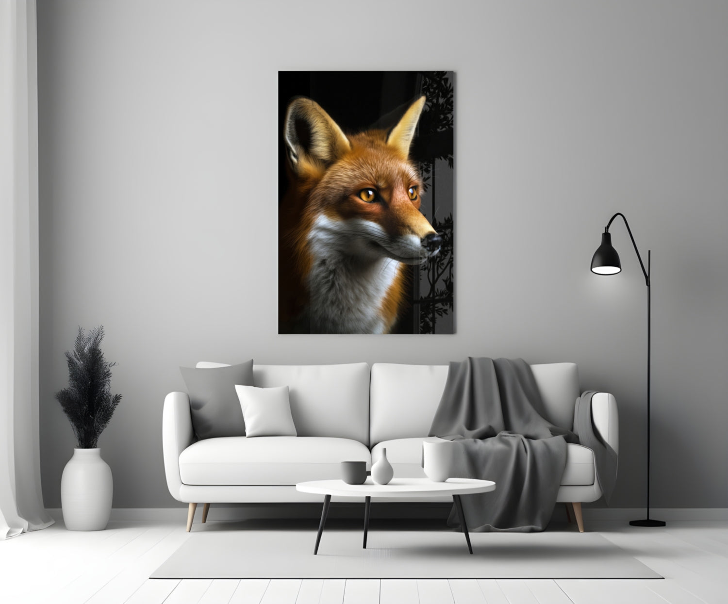 A framed glass wall art of a fox's head with golden eyes against a black background, displayed above a white sofa in a minimalist living room.