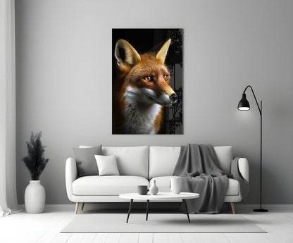 A framed glass wall art of a fox's head with golden eyes against a black background, displayed above a white sofa in a minimalist living room.