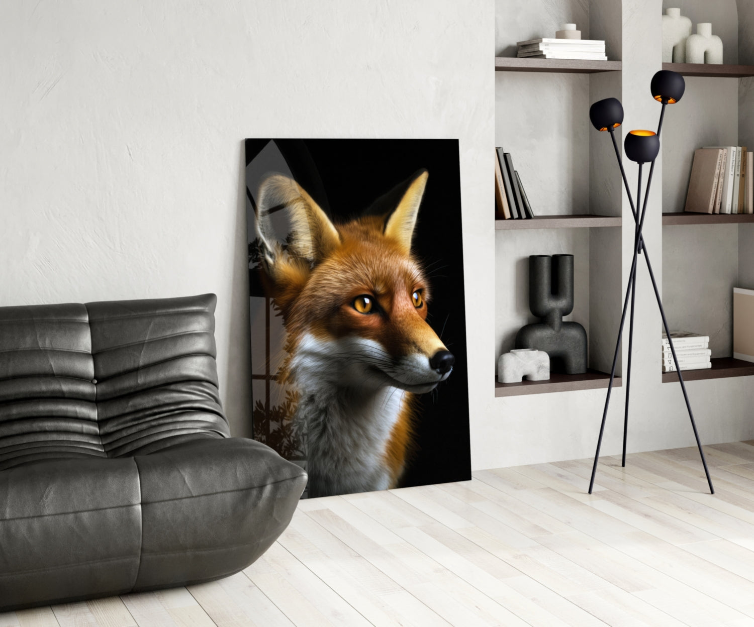 Glass wall art depicting a fox with amber eyes against black background, displayed in modern living room with gray sofa and shelving.