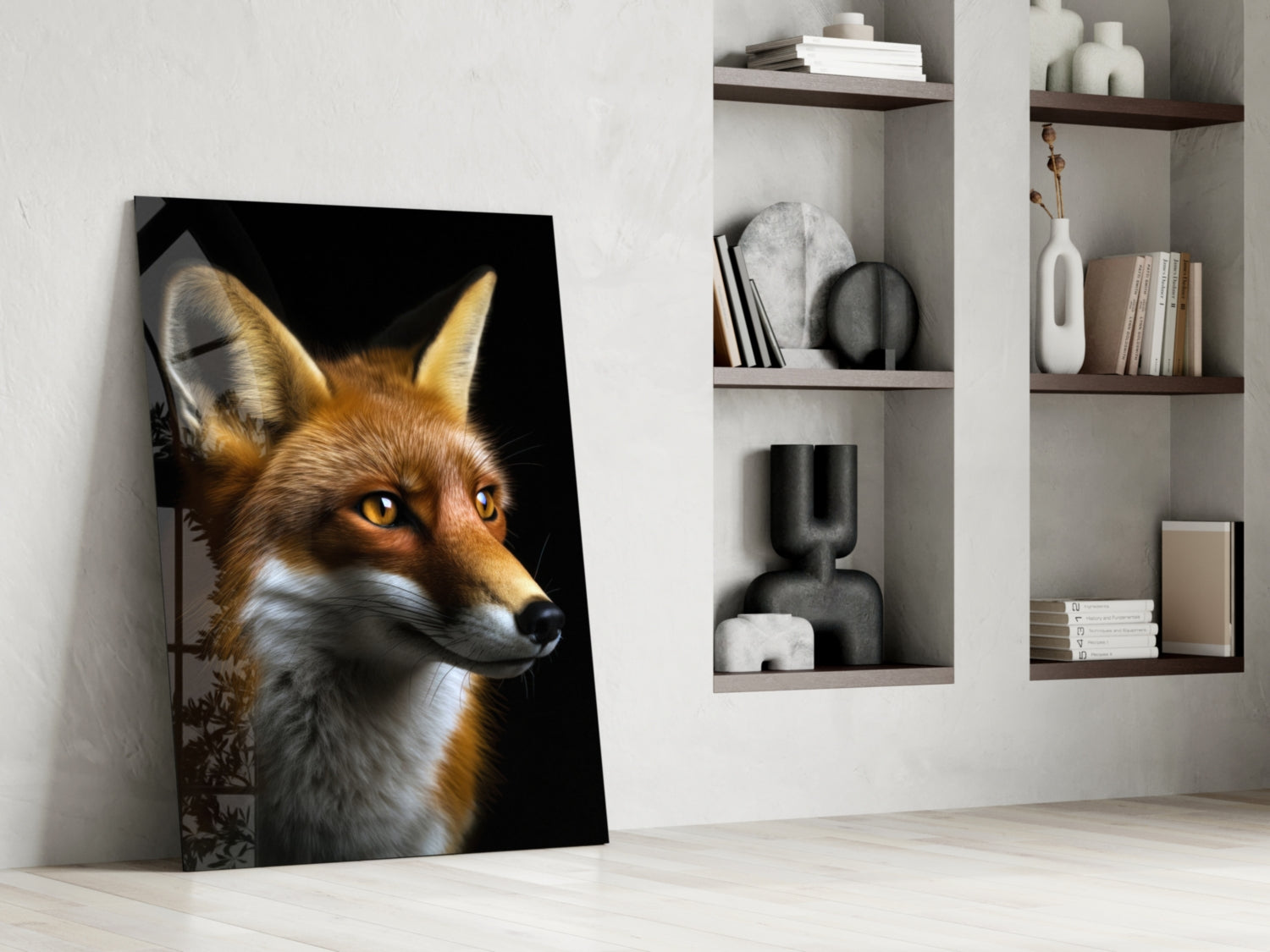 Glass wall art featuring a detailed fox portrait with golden eyes against black background, leaning against white wall beside wooden shelving.