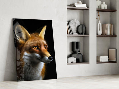 Glass wall art featuring a detailed fox portrait with golden eyes against black background, leaning against white wall beside wooden shelving.
