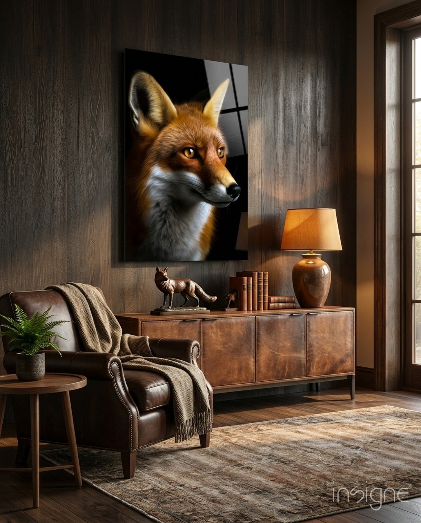 Fox glass wall art hung above wooden dresser in styled living room with leather chair and warm lighting.