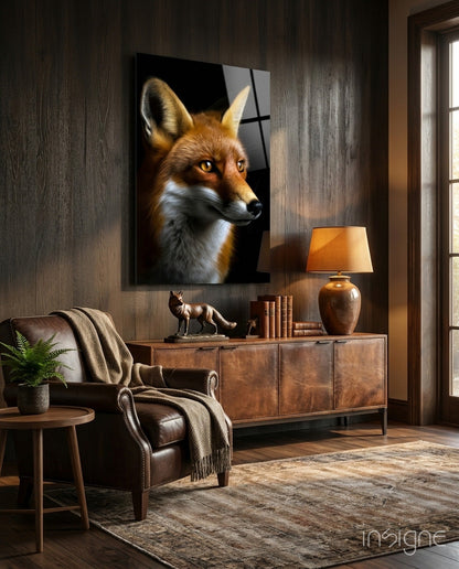 Fox glass wall art hung above wooden dresser in styled living room with leather chair and warm lighting.