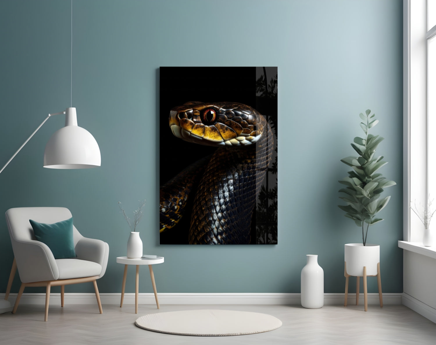 Golden-eyed black snake glass wall art displayed on a pale blue wall above a white chair and potted plant.