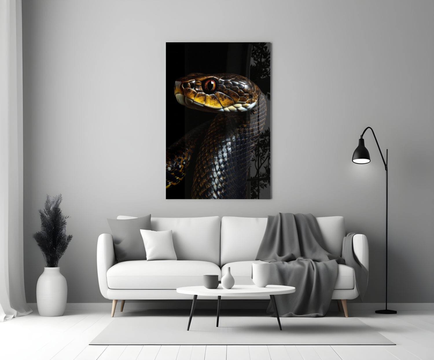 Golden-eyed black snake glass wall art displayed above white sofa in modern living room setting.