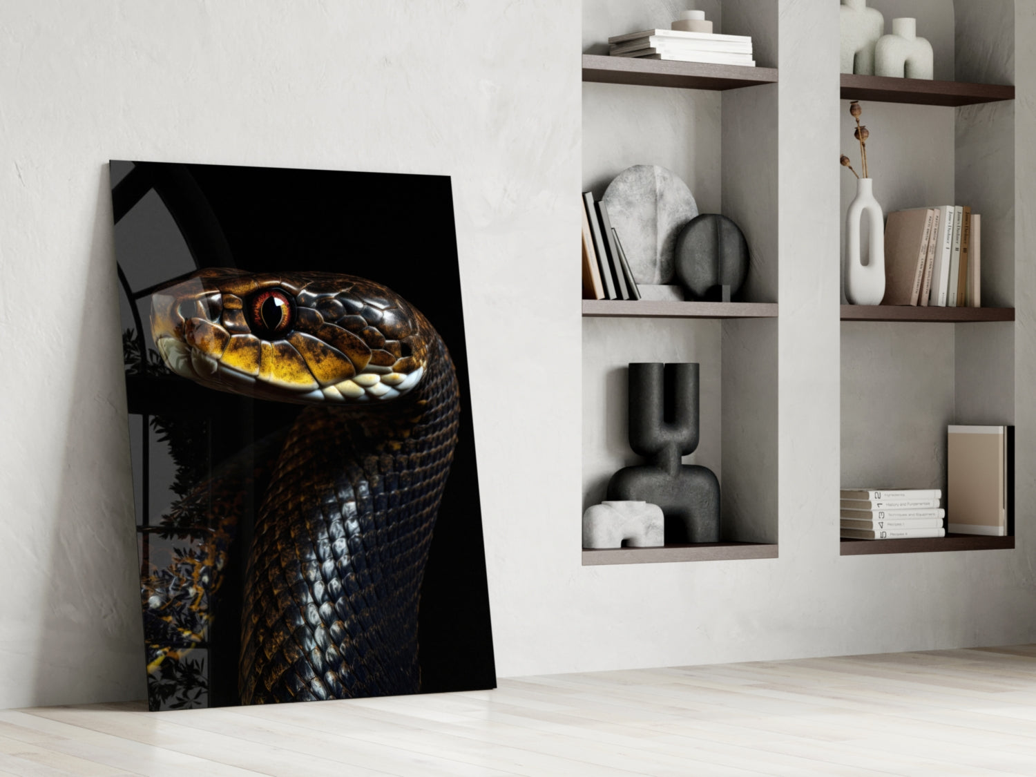 Glass wall art of a golden-eyed black snake leaning against white wall beside wooden shelving unit.