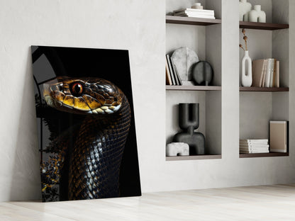 Glass wall art of a golden-eyed black snake leaning against white wall beside wooden shelving unit.