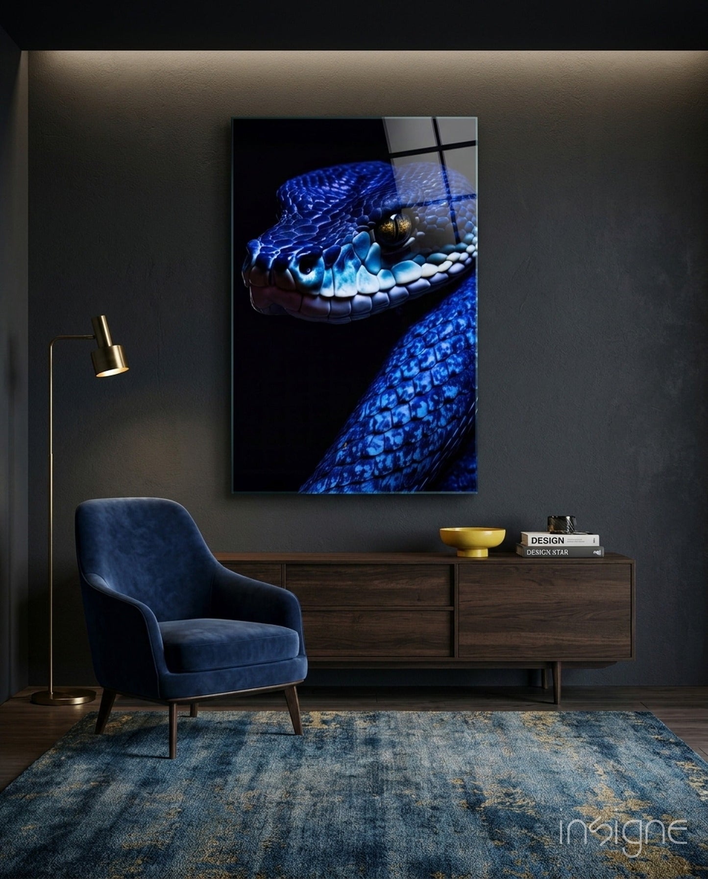 Blue viper glass wall art displayed above wooden credenza in modern interior with navy chair and brass floor lamp.