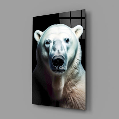 White polar bear's front-facing portrait on black glass panel with grid pattern background, mounted at angle.