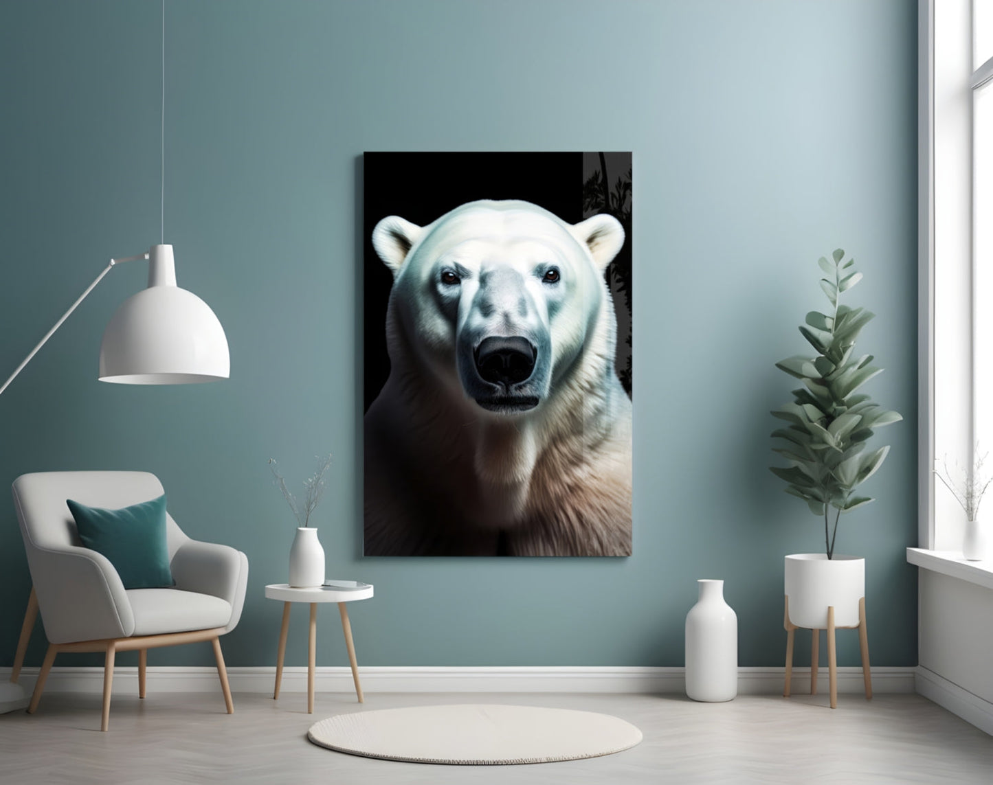 Polar bear portrait glass wall art displayed above a white armchair in a teal-painted room with pendant lamp and potted plant.