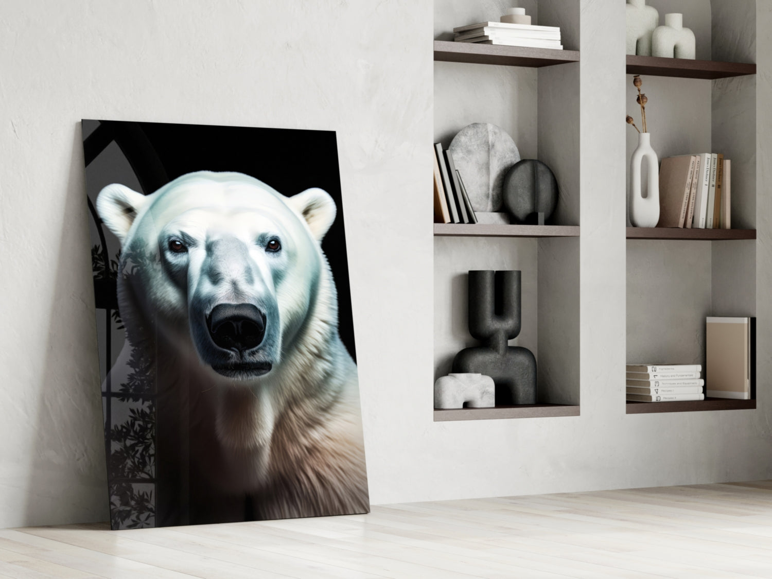 Glass wall art of a polar bear's frontal portrait against black background, leaning against white wall beside built-in shelving.