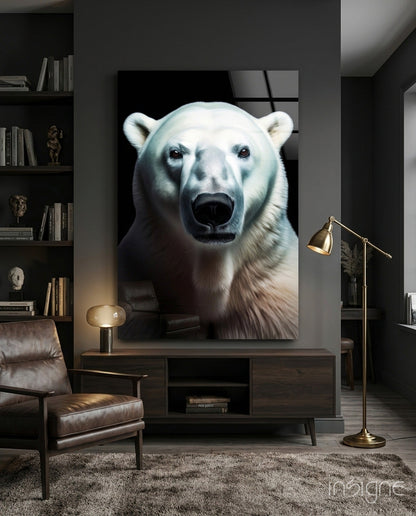 Large glass wall art depicting a close-up polar bear's face against black background, displayed above wooden media console in modern living room setting.