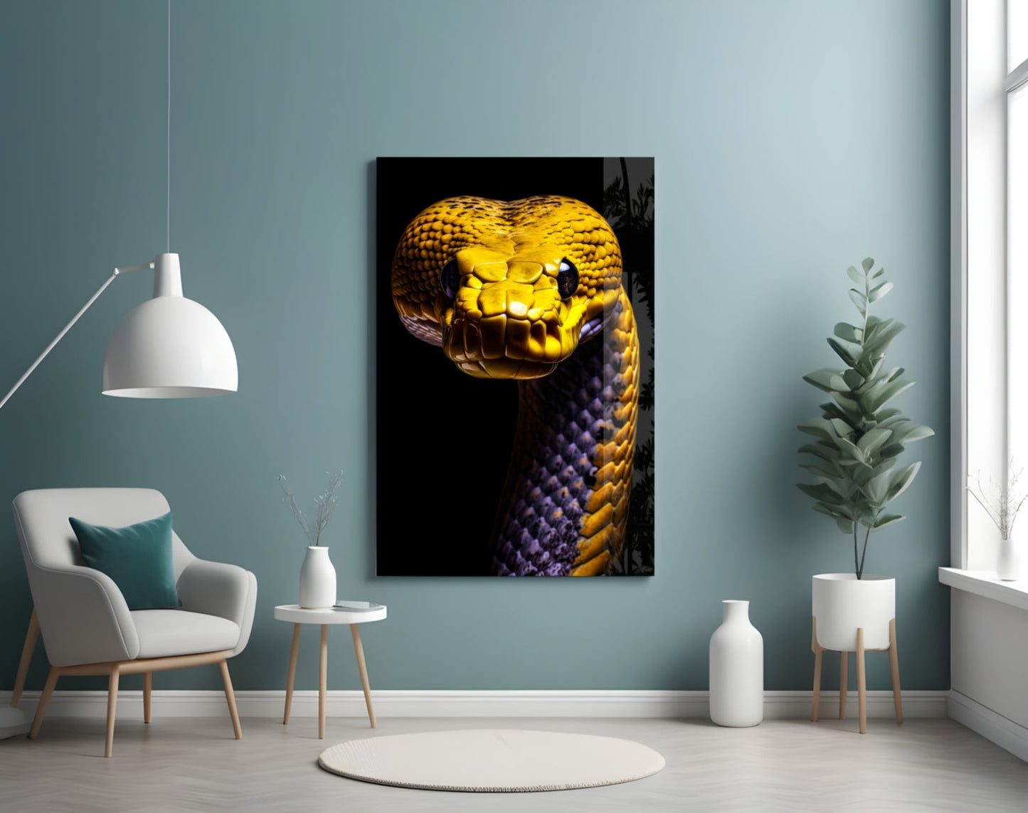 Golden and purple snake head glass wall art displayed in a contemporary room setting with turquoise walls.