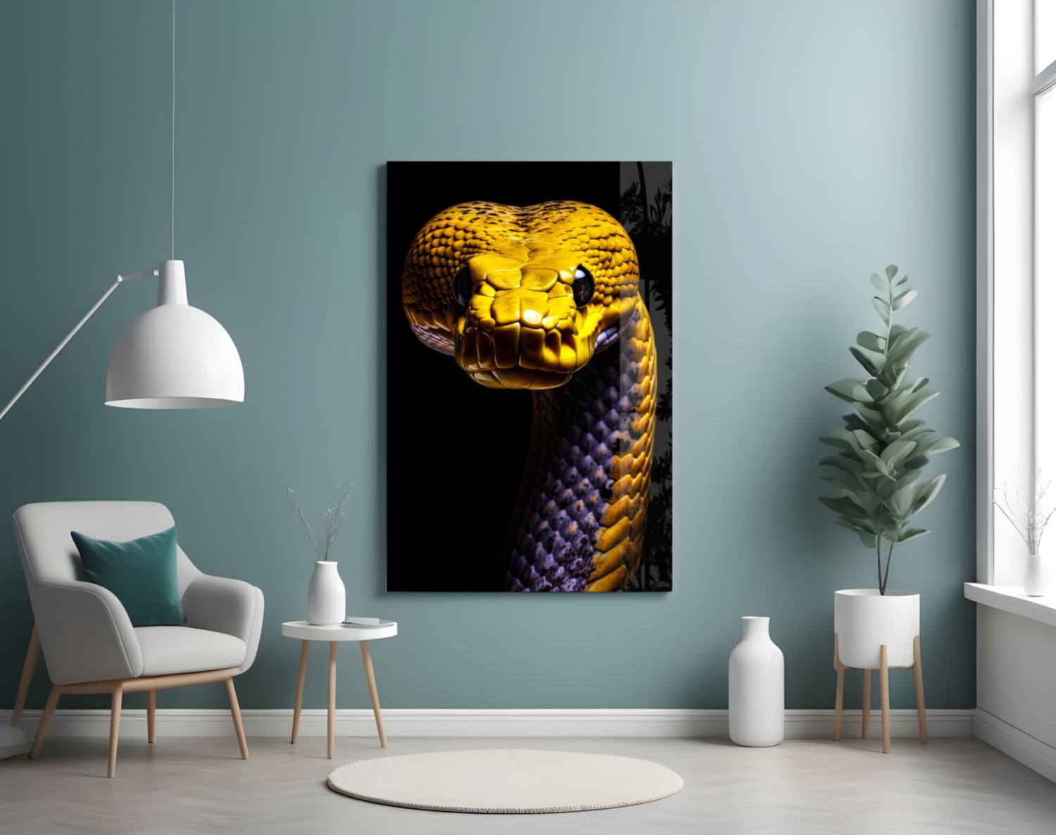 Golden and purple snake head glass wall art displayed in a contemporary room setting with turquoise walls.