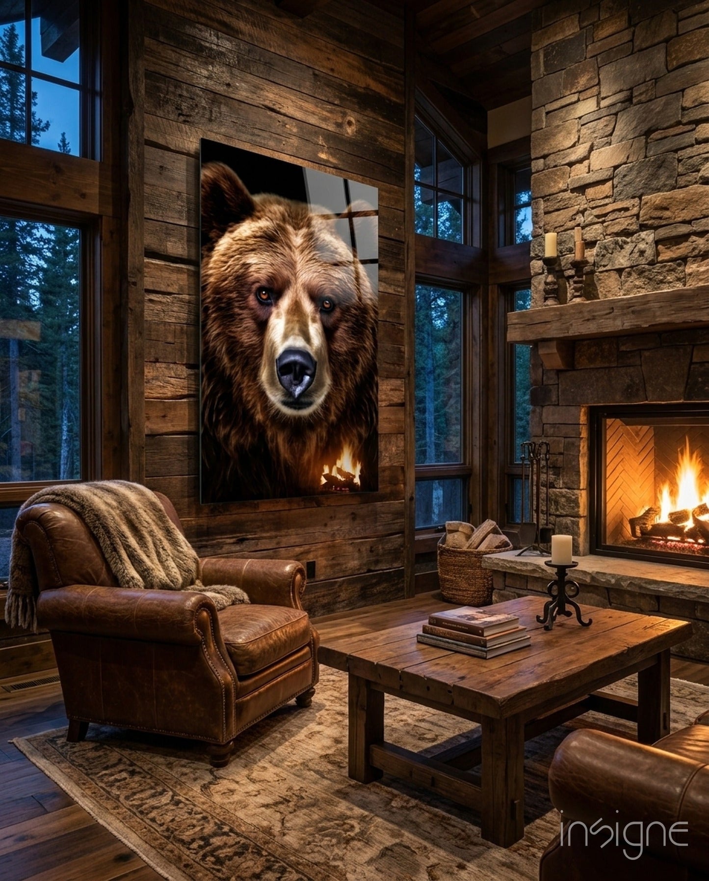 Bear portrait glass wall art displayed above wooden mantle in rustic lodge interior with fireplace and leather chair.
