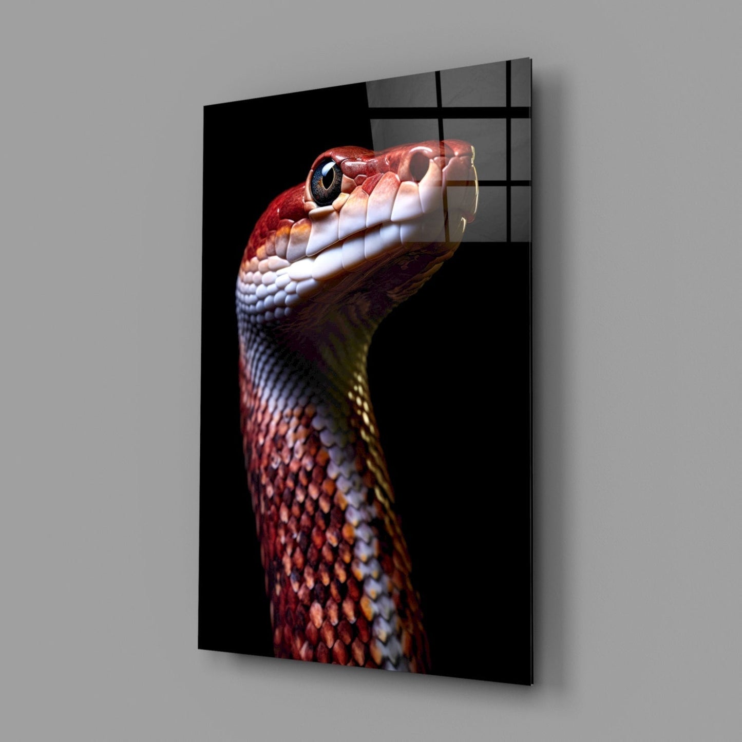 Glass wall art panel displaying a red and white serpent's head in profile against black background, mounted at an angle.