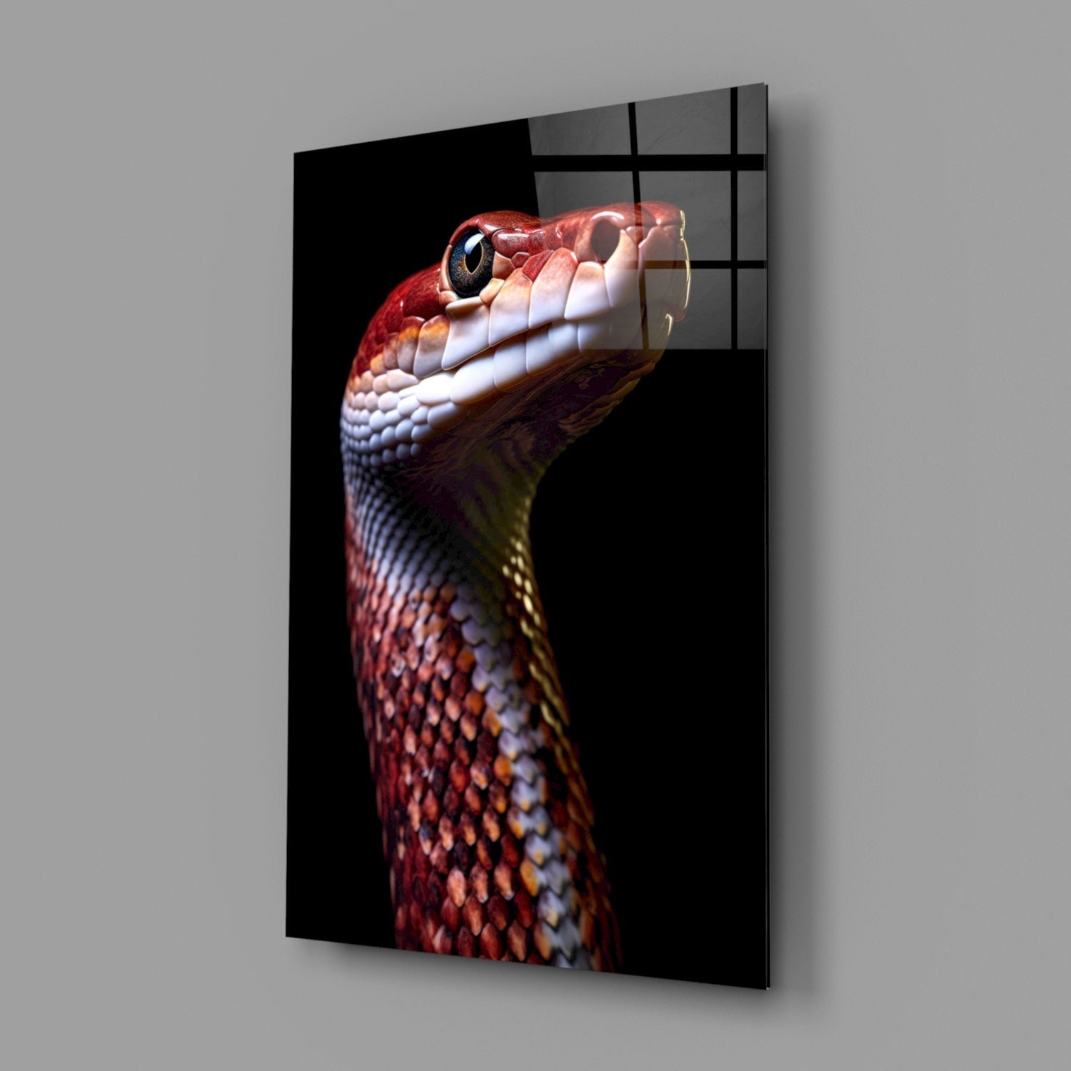 Glass wall art panel displaying a red and white serpent's head in profile against black background, mounted at an angle.