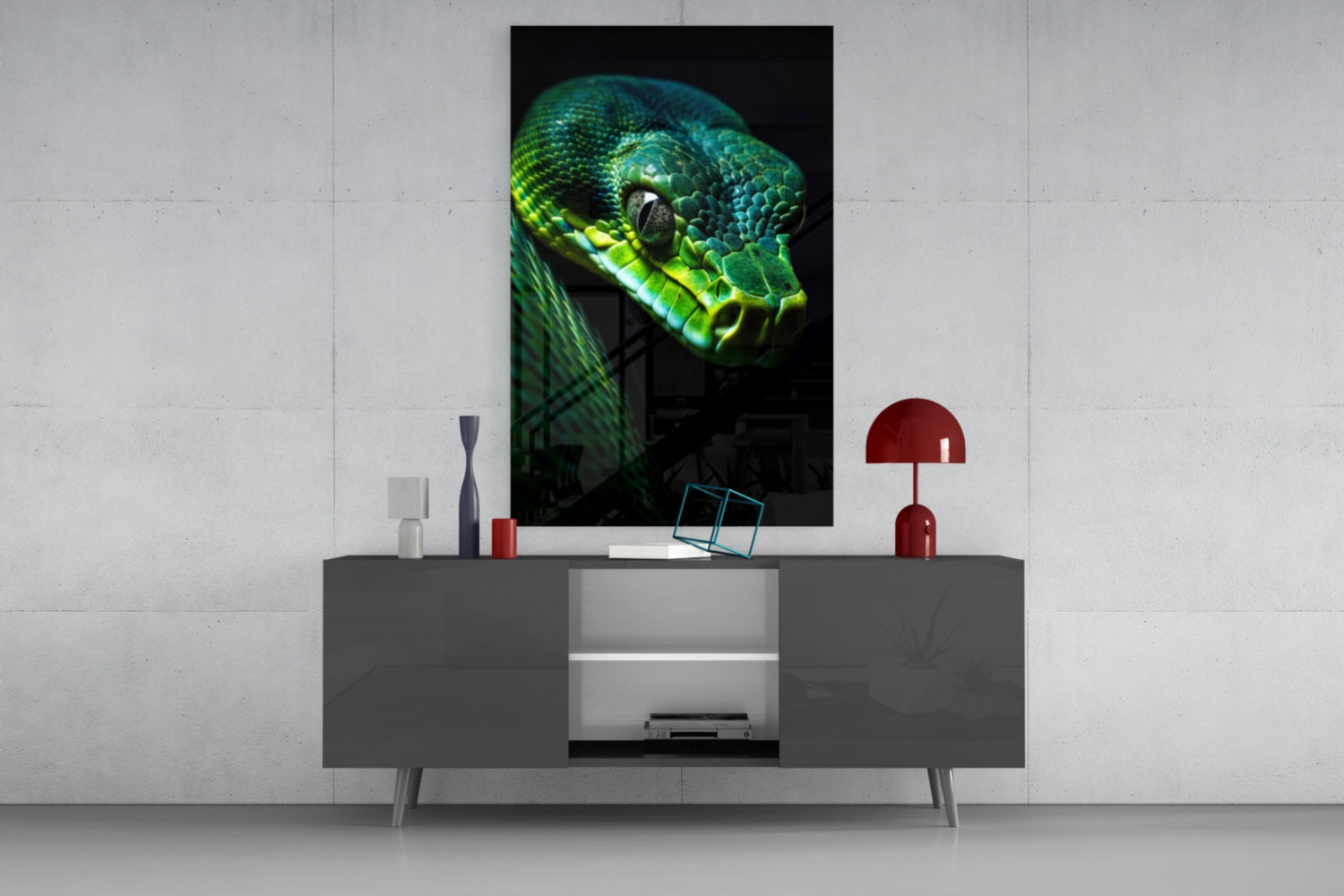 Emerald green viper glass wall art displayed above gray media console in modern interior setting with red accents.